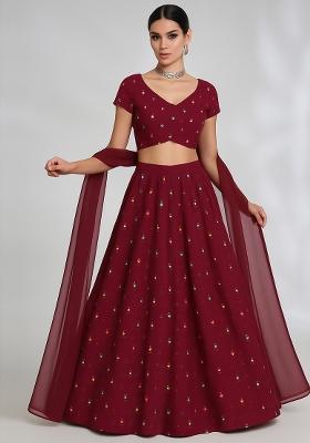 Wine Embroidered Cotton Rayon Lehenga Set