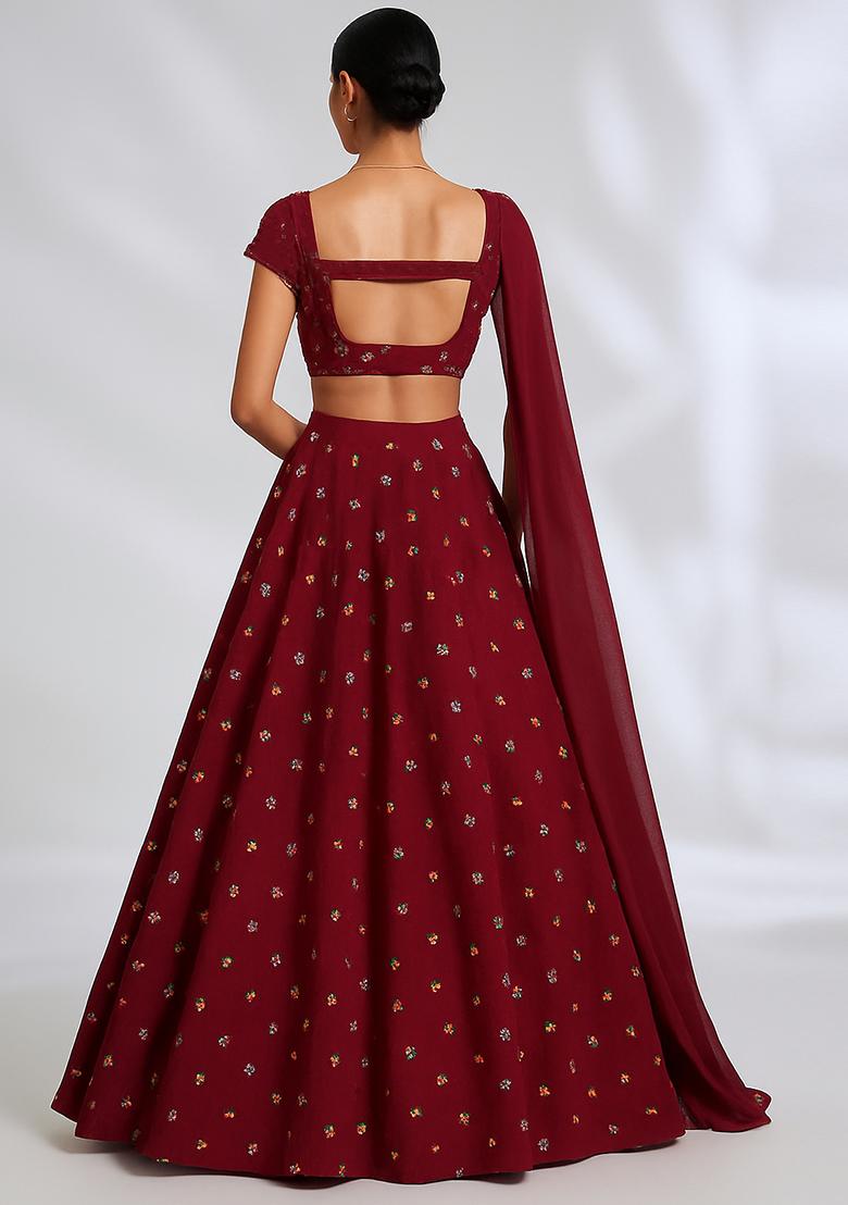 Wine Embroidered Cotton Rayon Lehenga Set - Indya