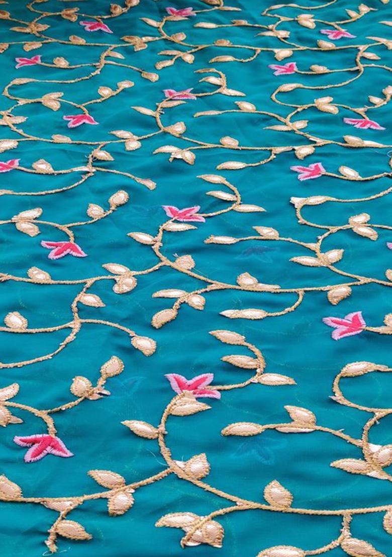 Teal Blue Embroidered Georgette Lehenga Set - Indya