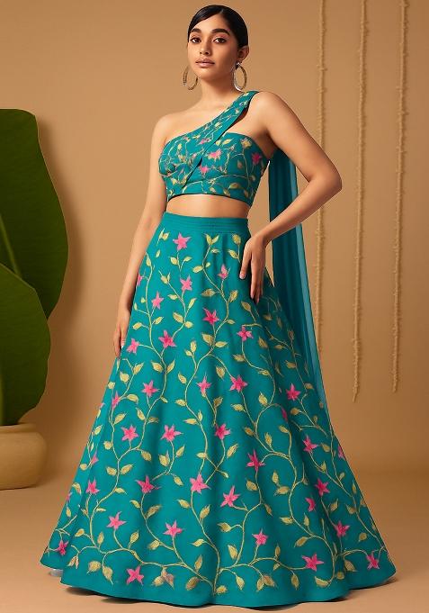 Teal Blue Embroidered Georgette Lehenga Set