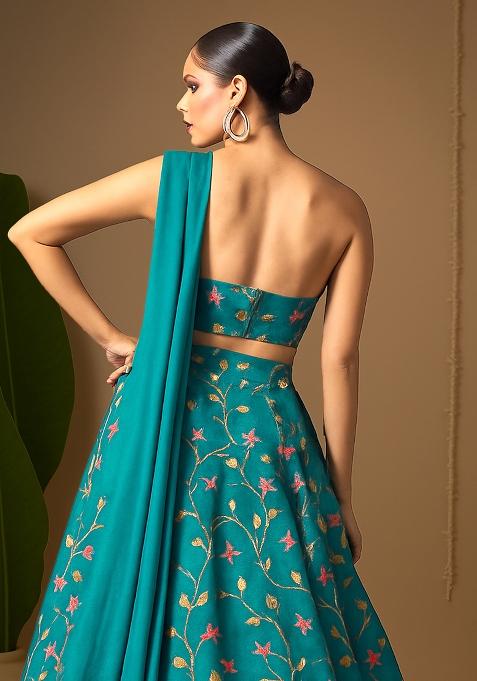 Teal Blue Embroidered Georgette Lehenga Set