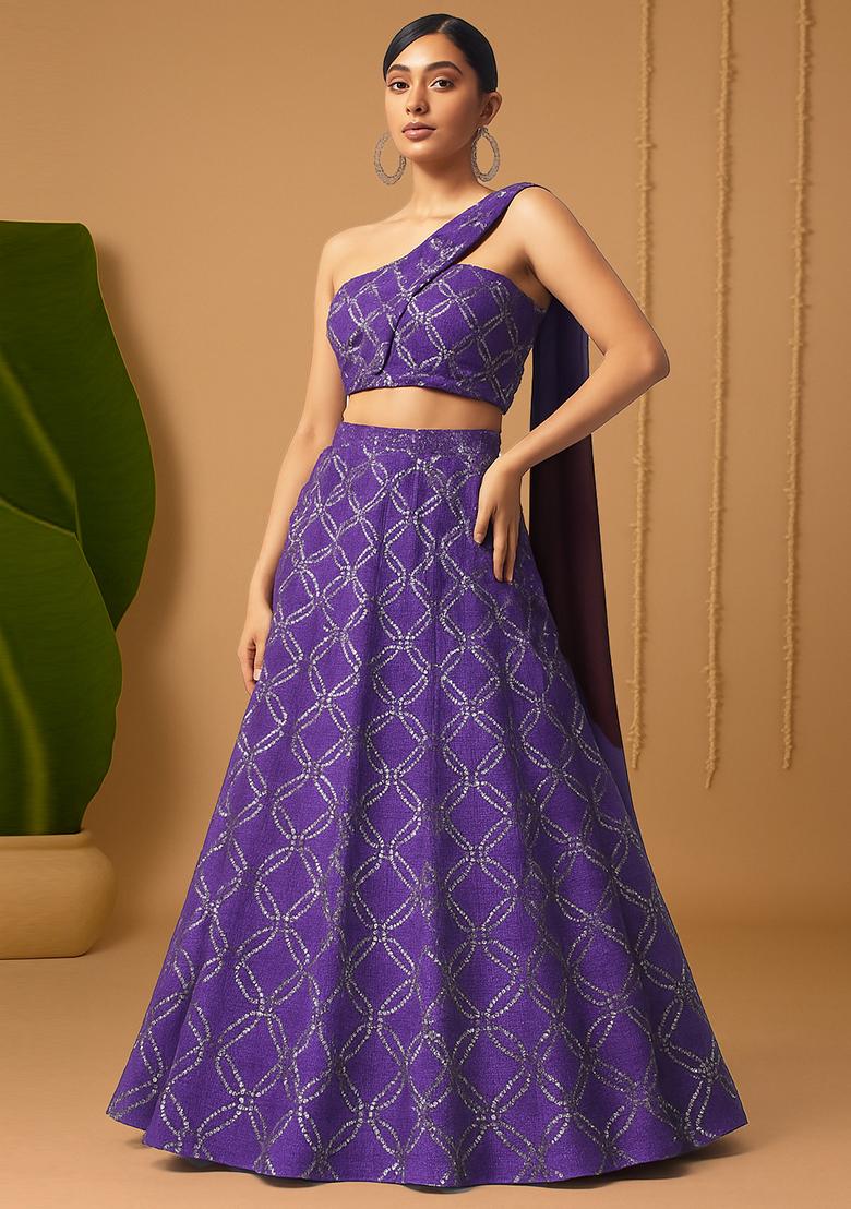 Purple Sequin Embellished Chanderi Lehenga Set