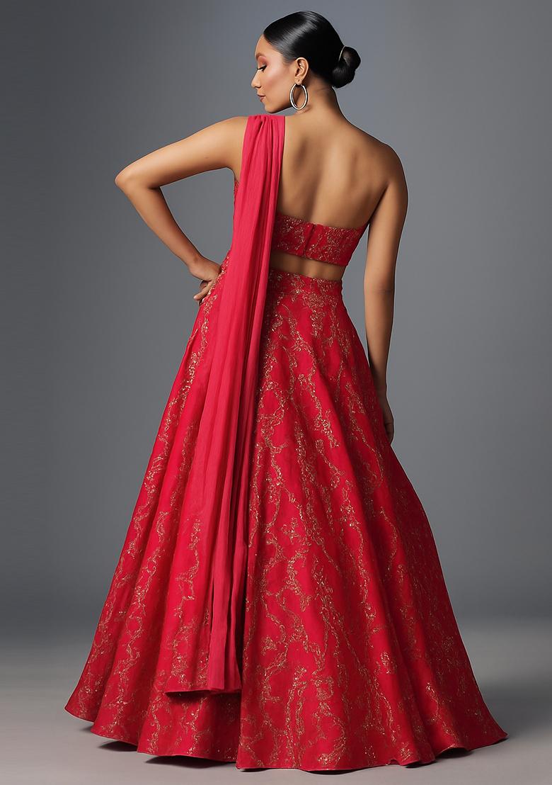 Bright Pink Embellished Chanderi Lehenga Set - Indya