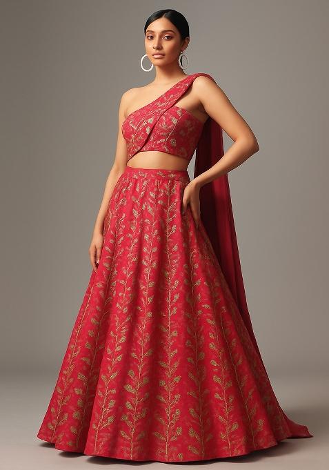 Bright Pink Embellished Chanderi Lehenga Set