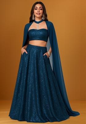 Peacock Blue Sequin Embellished Net Lehenga Set
