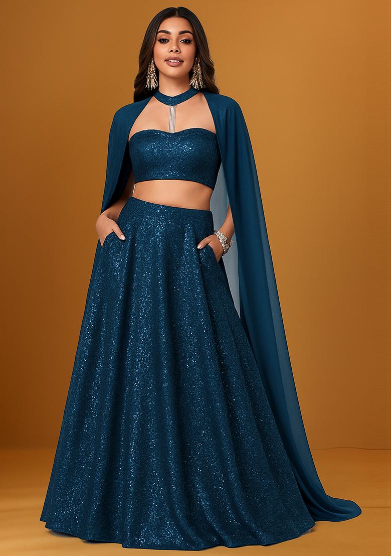Peacock Blue Sequin Embellished Net Lehenga Set