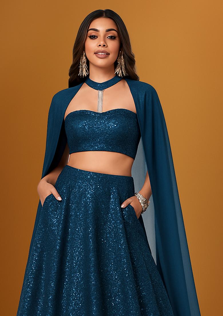 Peacock Blue Sequin Embellished Net Lehenga Set - Indya