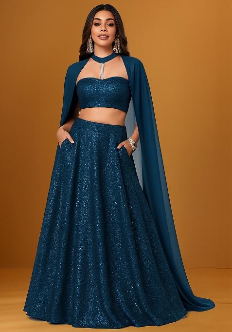 Peacock Blue Sequin Embellished Net Lehenga Set