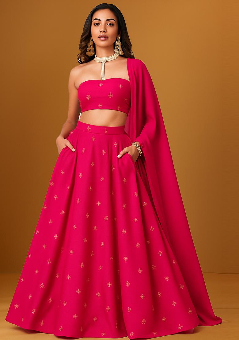 Rani Pink Embroidered Georgette Lehenga Set