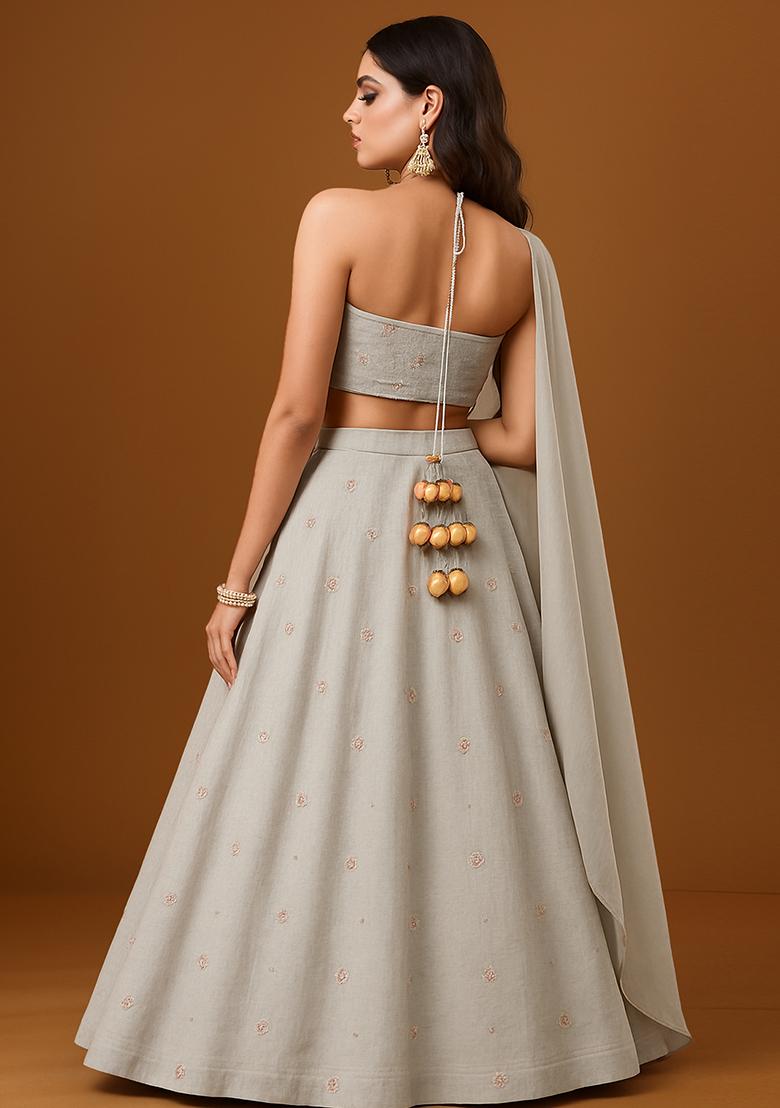 Grey Embroidered Chanderi Lehenga Set - Indya