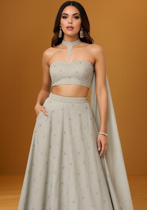 Grey Embroidered Chanderi Lehenga Set