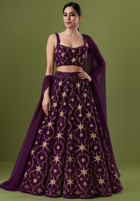 Purple Sequin Embellished Georgette Lehenga Set
