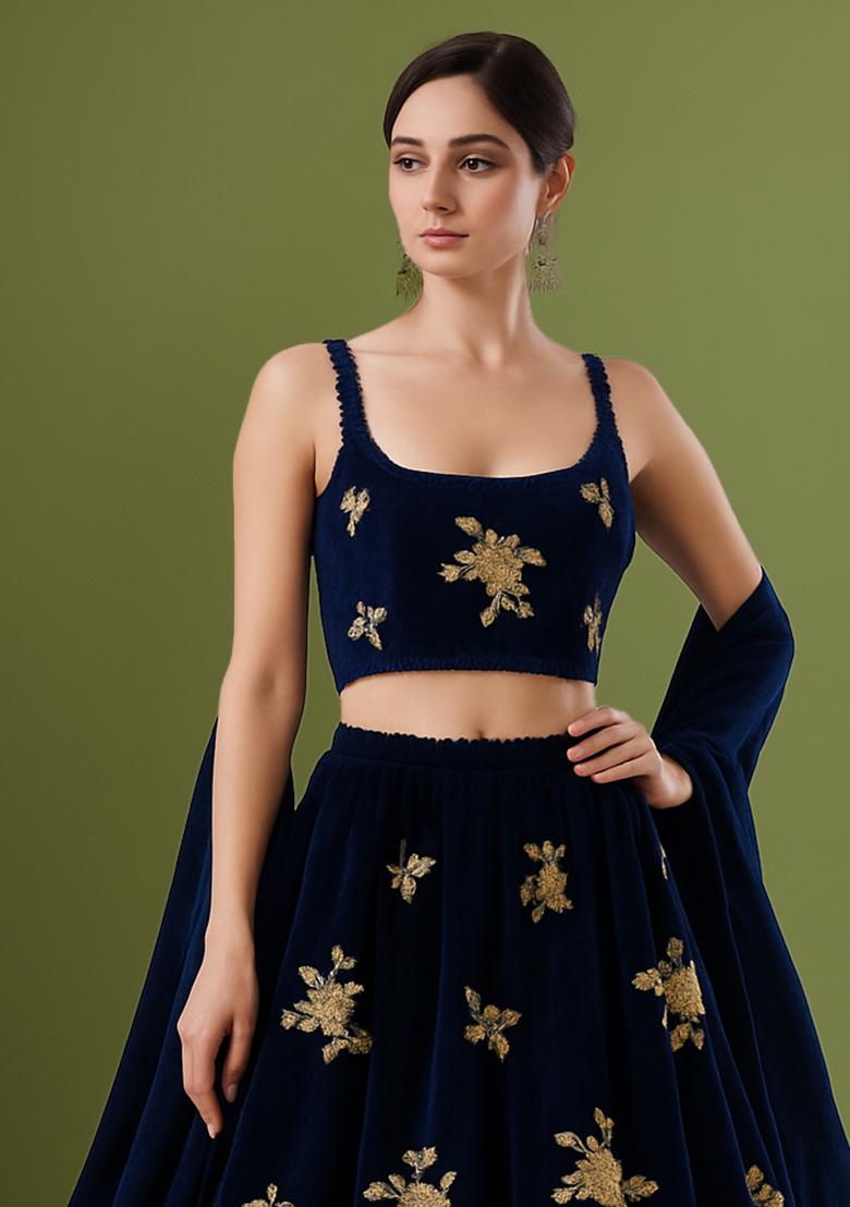 Navy Blue Sequin Embroidered Velvet Lehenga Set - Indya