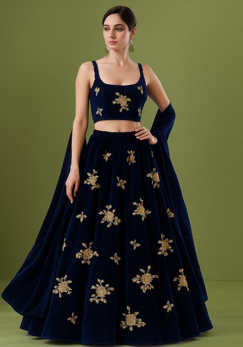 Navy Blue Sequin Embroidered Velvet Lehenga Set