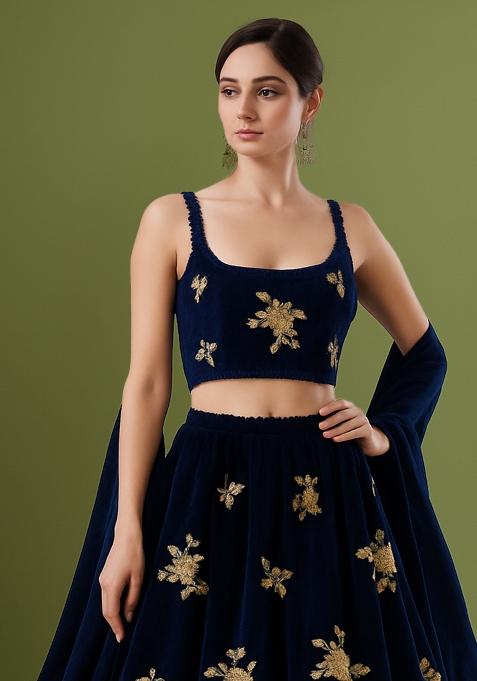 Navy Blue Sequin Embroidered Velvet Lehenga Set