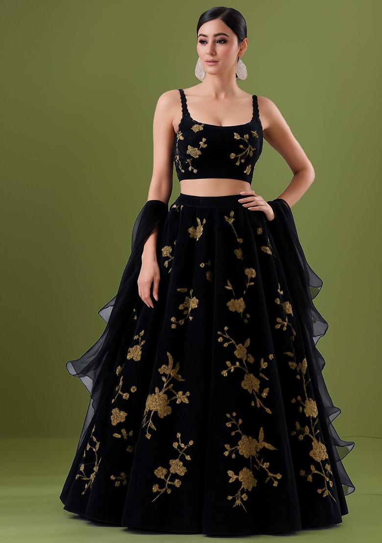 Black Sequin Embroidered Velvet Lehenga Set - Indya