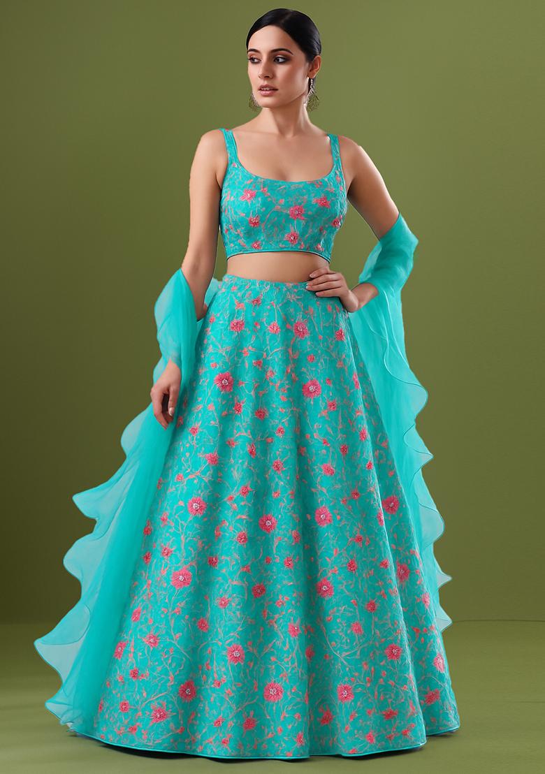 Aqua Blue Embroidered Net Lehenga Set - Indya