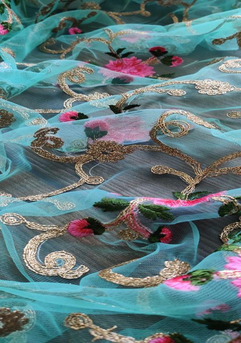 Aqua Blue Embroidered Net Lehenga Set