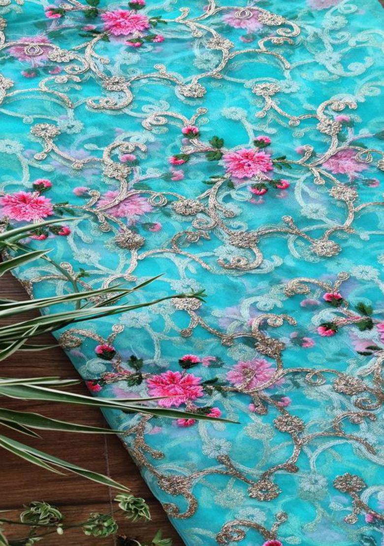 Aqua Blue Embroidered Net Lehenga Set - Indya