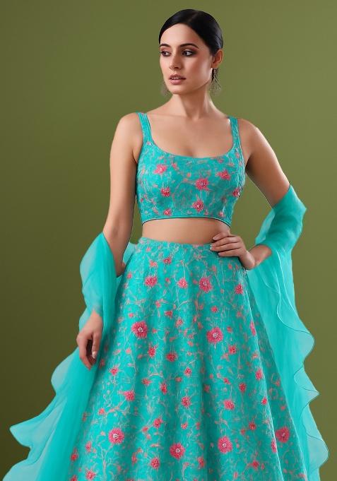 Aqua Blue Embroidered Net Lehenga Set