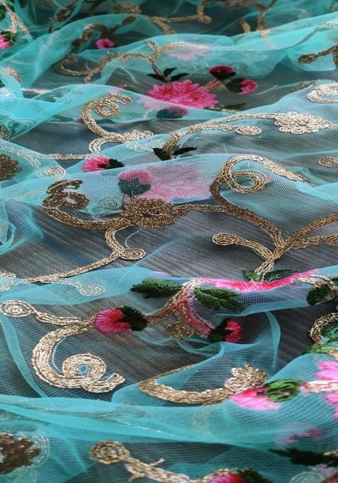 Aqua Blue Embroidered Net Lehenga Set