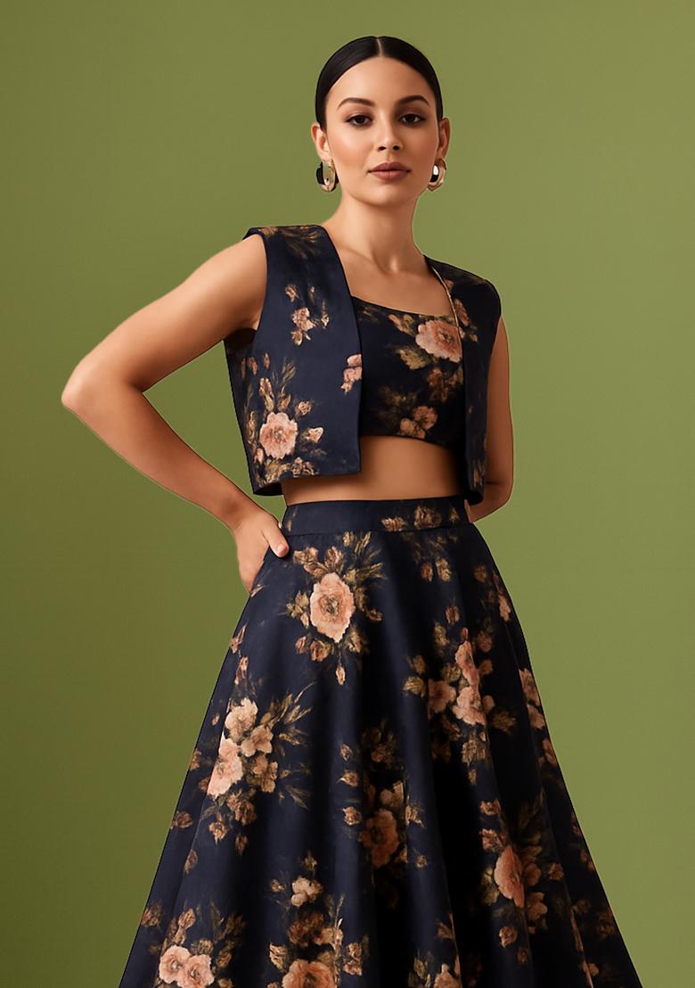 Black Printed Satin Lehenga Set - Indya