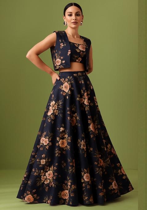 Black Printed Satin Lehenga Set