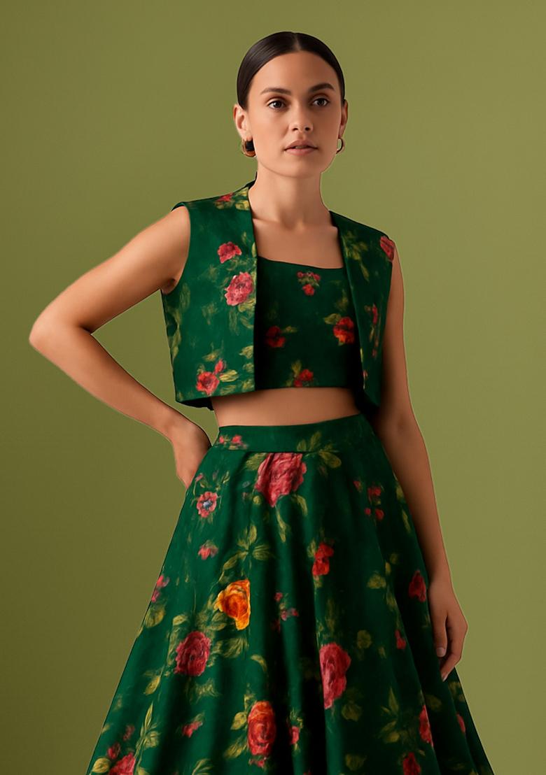 Green Printed Satin Lehenga Set - Indya