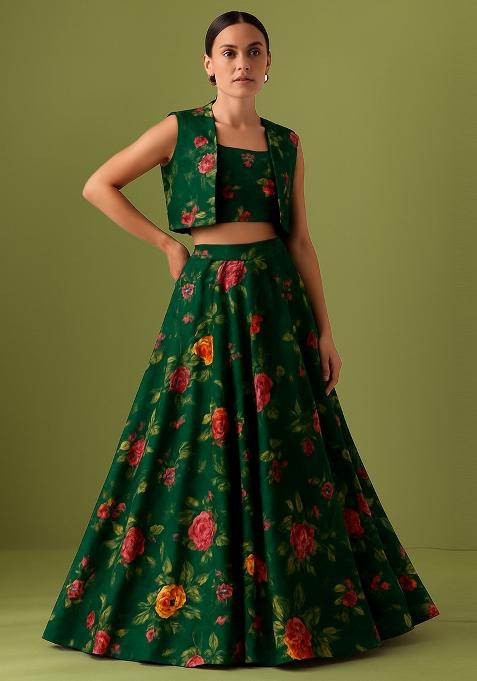 Green Printed Satin Lehenga Set