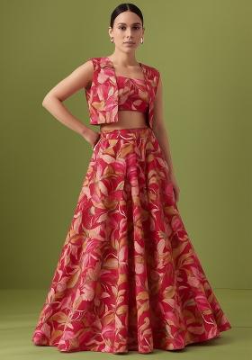 Red Printed Satin Lehenga Set