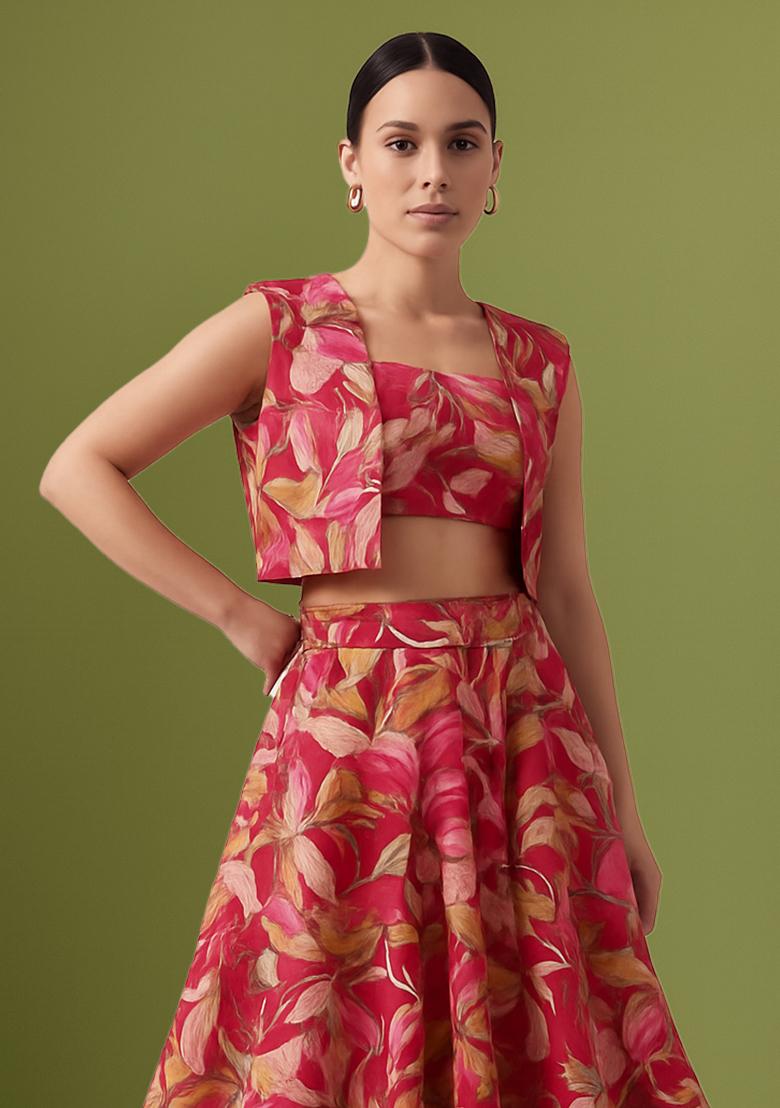 Red Printed Satin Lehenga Set - Indya