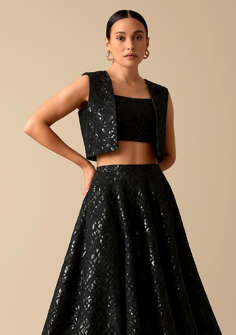 Black Sequin Embellished Satin Lehenga Set - Indya