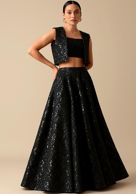 Black Sequin Embellished Satin Lehenga Set