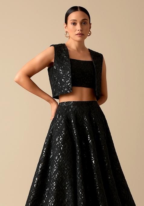 Black Sequin Embellished Satin Lehenga Set