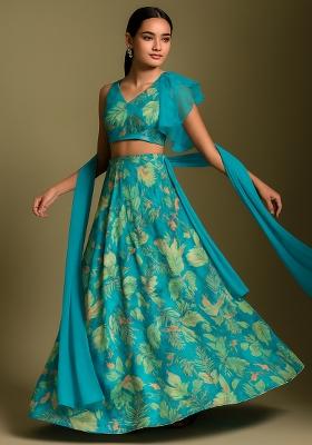 Blue Printed Organza Lehenga Set