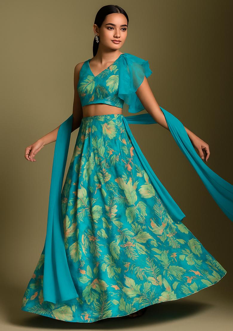 Blue Printed Organza Lehenga Set