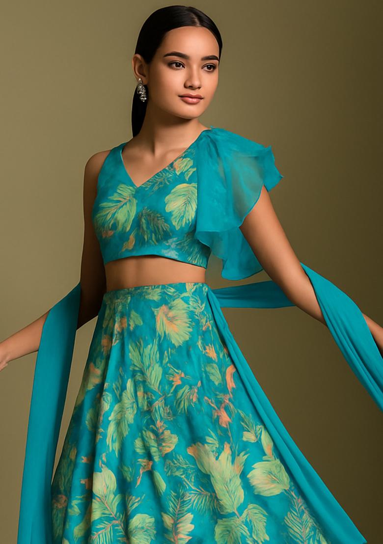 Blue Printed Organza Lehenga Set - Indya