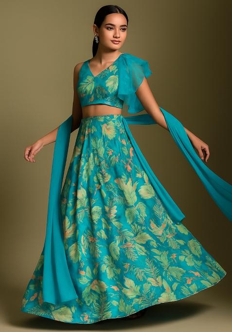 Blue Printed Organza Lehenga Set