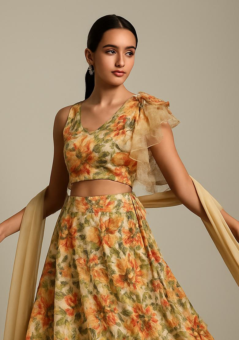 Multicolor Printed Organza Lehenga Set - Indya