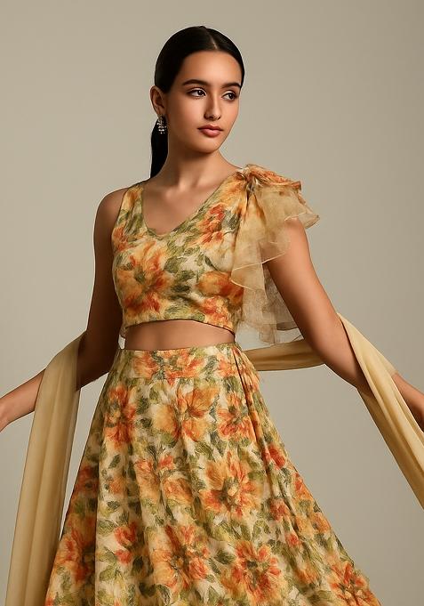 Multicolor Printed Organza Lehenga Set