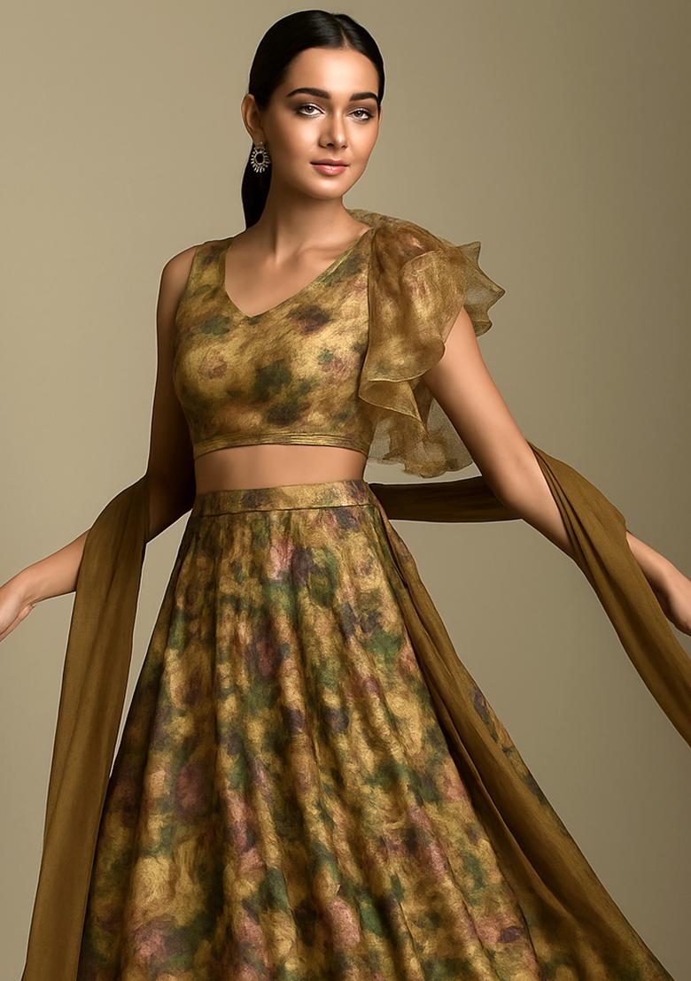 Green Printed Tissue Lehenga Set