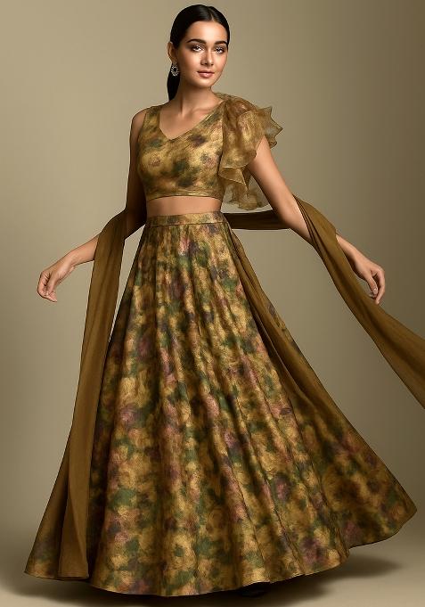 Green Printed Tissue Lehenga Set