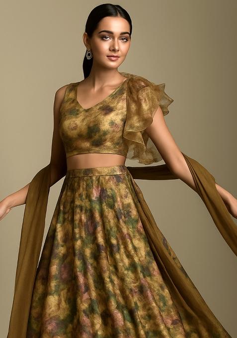 Green Printed Tissue Lehenga Set