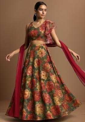 Green Printed Tissue Lehenga Set