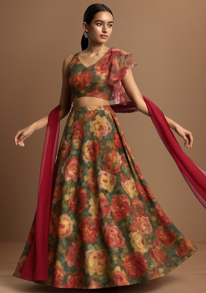 Green Printed Tissue Lehenga Set