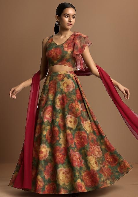 Green Printed Tissue Lehenga Set