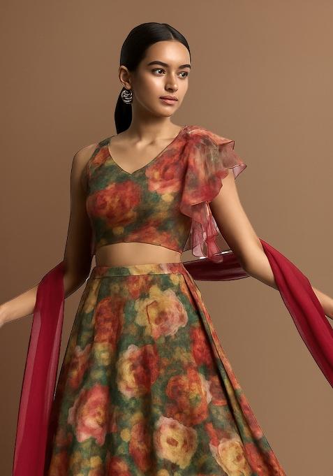 Green Printed Tissue Lehenga Set