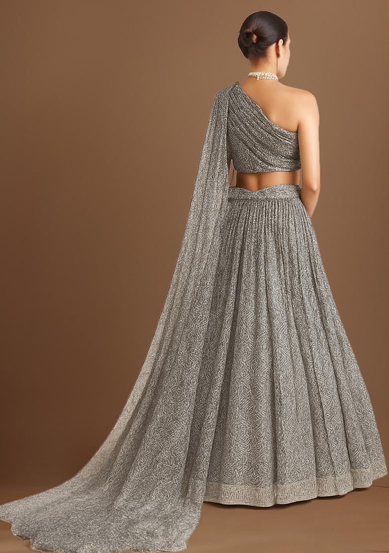 Silver Embellished Net Lehenga Set - Indya