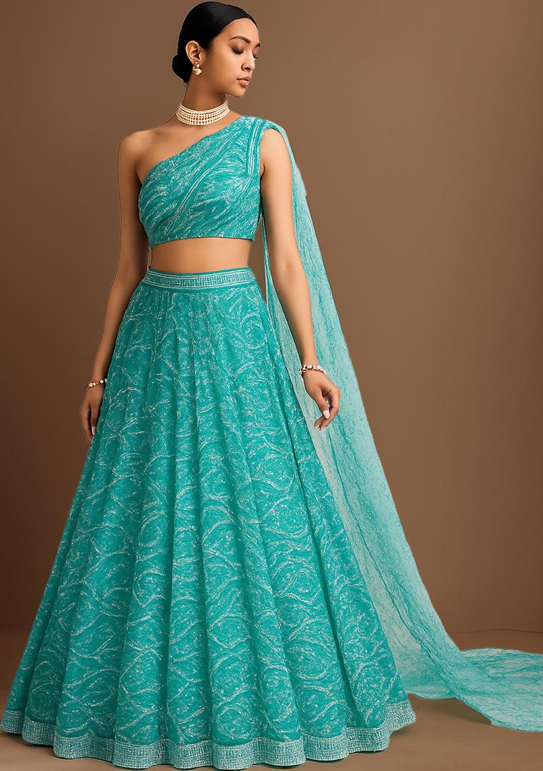 Blue Embellished Net Lehenga Set