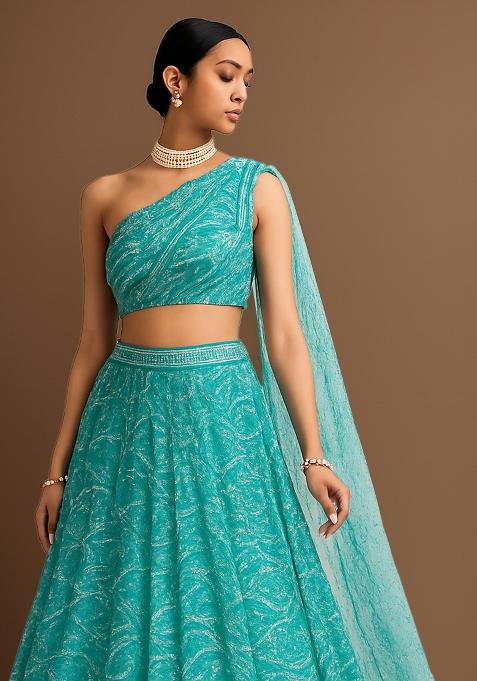 Blue Embellished Net Lehenga Set
